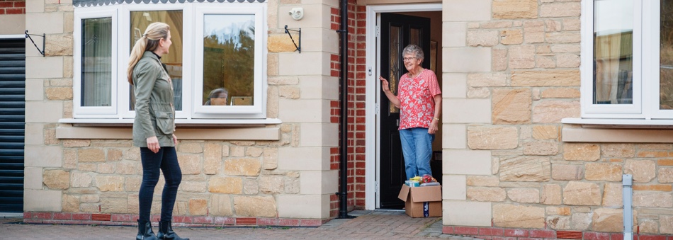 Young woman delivering a box of food to an elderly woman